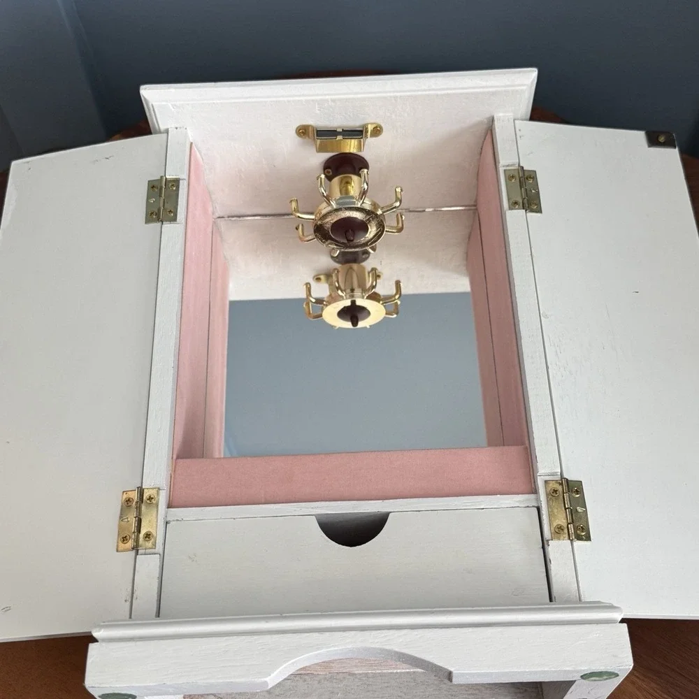 White Musical Jewelry Box with Pink Velvet Lining Mirror‎ Hooks Wood Velvet